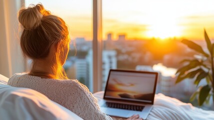 Enjoying a serene sunset view while working online by the window