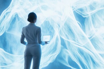Businesswoman reviewing data on laptop against an abstract blue background.