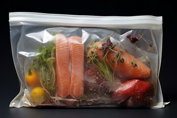 Fresh salmon fillets and vegetables are vacuum sealed in a plastic bag, ready for sous vide cooking