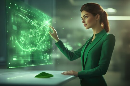 Woman in green suit interacts with a futuristic green holographic display showing data visualizations.