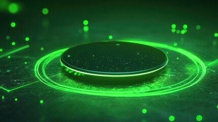 Circular Platform with Glowing Green Accents and Particle Effect Background, Abstract Art