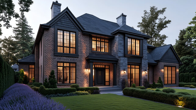 exterior of an elegant and classic brick house with a dark grey shingle roof, large windows, black trim on the front door and windows
