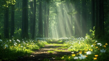 Obraz premium Sunbeams Illuminate Forest Path