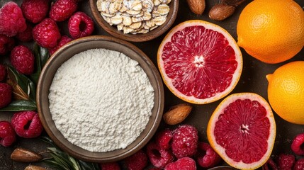 Fototapeta premium Fresh ingredients including flour, oats, raspberries, and citrus fruits arranged beautifully