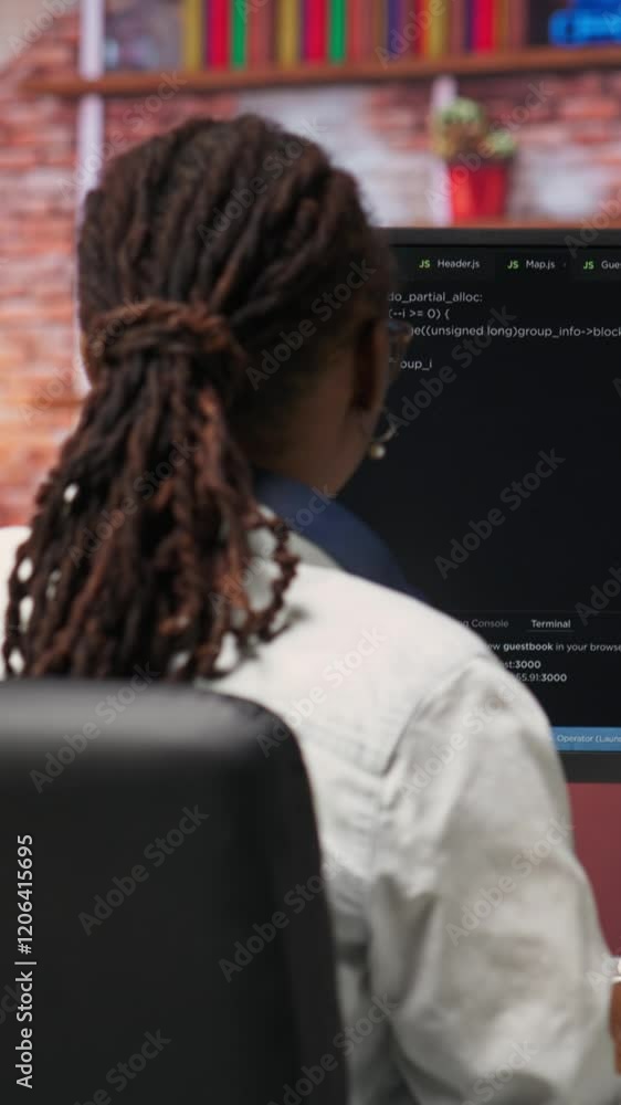 Fototapete Vertical video Admin writing code on computer and doing maintenance on artificial intelligence neural networks computerized model. Tech support expert typing on keyboard, doing checkup on AI systems