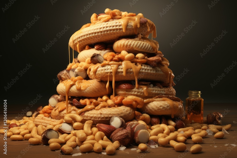 Poster peanut butter dripping over a stack of peanut cookies and mixed nuts on a wooden table with a small 