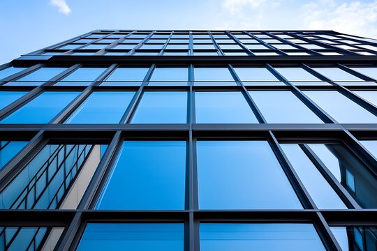A building with a blue sky and clouds in the background, featuring a unique design with a grid pattern of windows and a curved shape, set against a backdrop of a serene and peaceful atmosphere.