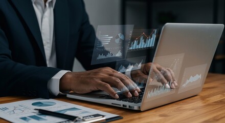 Businessman using laptop computer analyzing sales data and financial growth graph chart report. Business planning, strategy and development. Financial accounting. market research, data analysis
