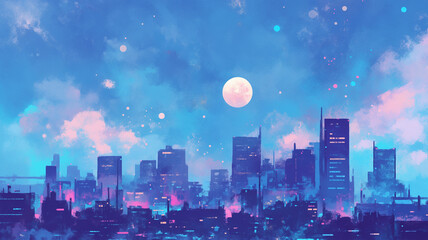Obraz premium 星空に包まれた都会の風景｜幻想的な夜景イラスト。優しい水彩画タッチの美しいアート。