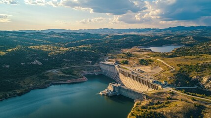 Aerial view of a large dam and reservoir.