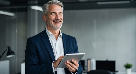Happy middle aged business man ceo wearing suit standing in office using digital tablet. Smiling mature businessman professional executive manager looking away thinking working on tech device.
