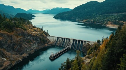 Dam, reservoir, mountains, and barge.