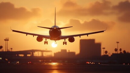 Aircraft gracefully lands at Los Angeles Airport against a vibrant sunset