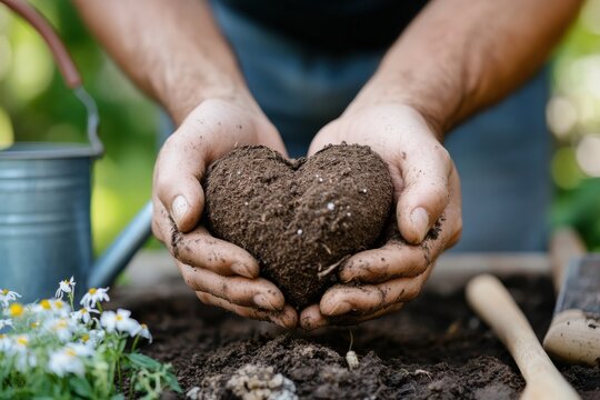 A person holds soil in the shape of a heart, symbolizing love for nature and gardening, surrounded by fresh flowers, illustrating the beauty of nurturing the earth.