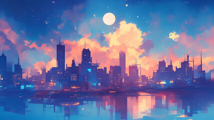 夜明けの街並みと色鮮やかな星空のコントラスト。優しい水彩画タッチの美しいアート。