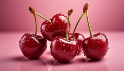 fresh and vibrant cherries with droplets on a pink background ready for summer desserts and snacks