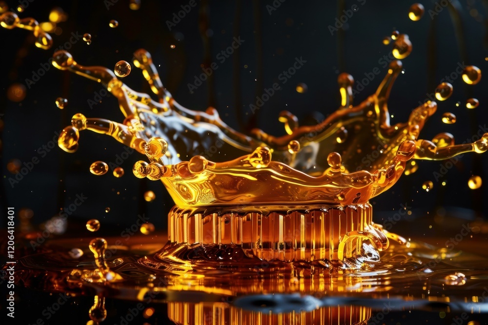 Poster golden liquid splashing from a metal object, creating a crown like shape, against a dark background