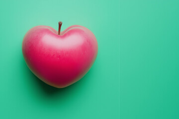A red heart-shaped apple on a simple green background. The design features ample blank space, making it perfect for a Valentine’s Day gift card.