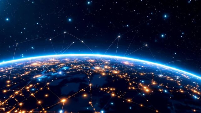 Earth at night from space with glowing city lights. Beautiful blue horizon curve over illuminated urban areas. Global connectivity and civilization view from orbit