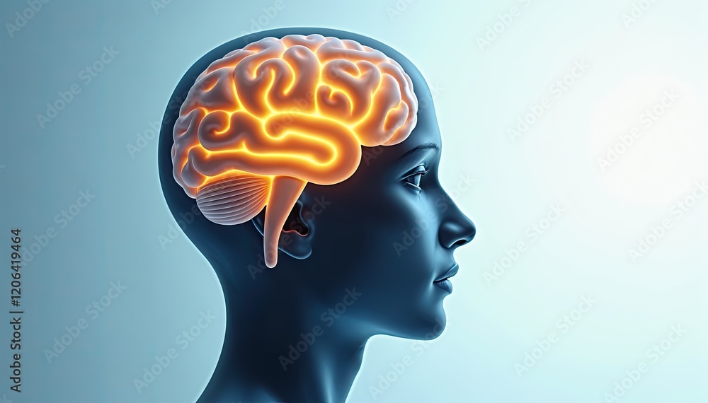 Poster illuminated brain within a human head, showcasing intricate neural pathways and cognitive function. 