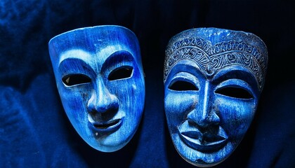 two ancient masks reveal unique textures and details reflecting the artistry of a bygone era their blue hues suggest a connection to history culture and identity exploration