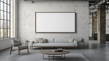Modern living room with blank frame mockup.