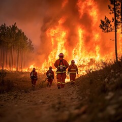 Firefighters working together to extinguish a raging forest fire, using water hoses and protective gear, showcasing bravery and teamwork in a critical rescue operation.