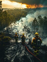 Firefighters working together to extinguish a raging forest fire, using water hoses and protective gear, showcasing bravery and teamwork in a critical rescue operation.