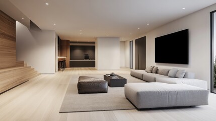 Modern Minimalist Living Room Interior with Cozy Seating, Wooden Accents, and Bright Natural Light