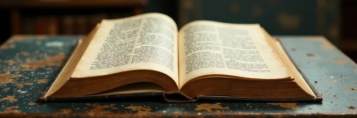 Obraz premium Old book lying open on a dusty desk with yellowed paper, paper background, book page, book interior