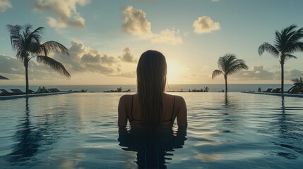 Fototapeta premium Woman in infinity pool at sunset.