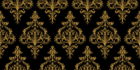Vector seamless pattern with floral ornate baroque golden elements on black background