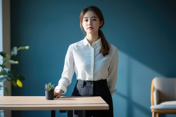 A young woman in a white shirt and black pants stands confidently by a wooden table in a modern office.