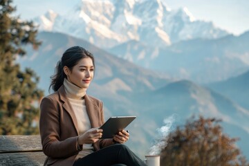 Obraz premium Young woman enjoys a peaceful moment using her tablet while sipping coffee, overlooking stunning snow-capped mountains.