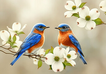 Birds in Floral Art with Bluebirds on Branches