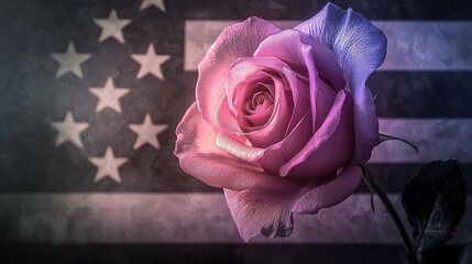 A luminous pink and purple rose with delicate gradients, floating in front of a faded black-and-white American flag, holographic style, surreal details, high resolution