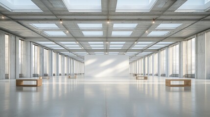 Obraz premium Modern, spacious gallery interior with skylights, concrete walls, and wooden benches.