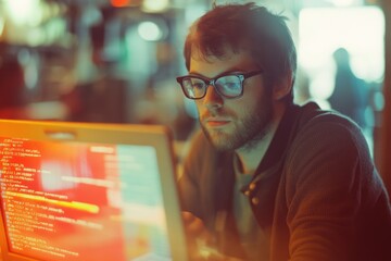A focused young man with glasses intently works on code displayed on his laptop screen in a dimly lit setting.