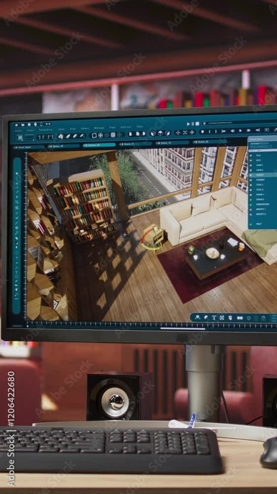 Aufkleber vertical video architectural design software on computer in home office used for moving interior des