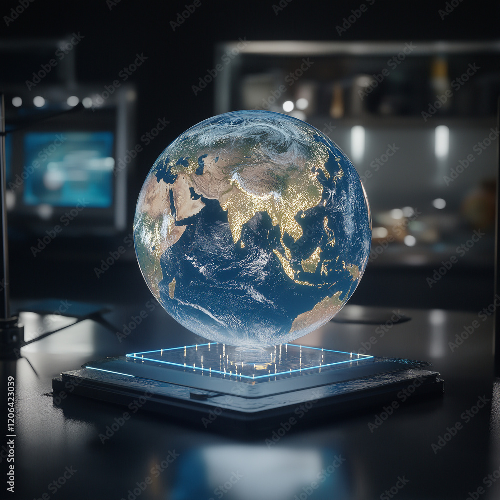 Poster hyperrealistic 3d hologram earth: futuristic globe floating in space, stunning visual for tech,