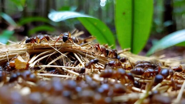 4K video of an ant hill with many swarming ants working around the colony straw nest. Ants crawling and looking for food. Rainforest or nature insect. Close up shot. Macro big blurred bokeh footage