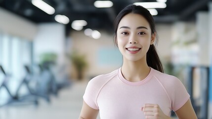 Asian woman is running on a treadmill, smiling and promoting a healthy lifestyle