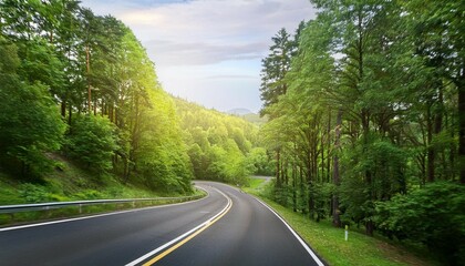 Fototapeta premium sustainable supply chain concept a winding road through lush green trees creates a serene and picturesque landscape