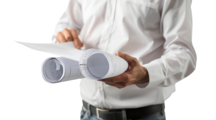 
Engineer holding blueprints on transparent background 