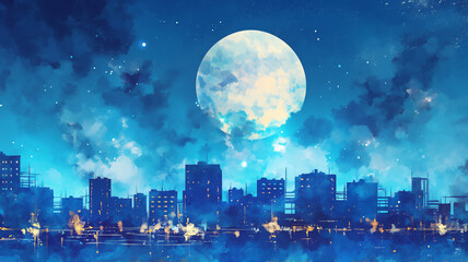 夜明け前の都会と輝く星空｜ロマンチックな風景。優しい水彩画タッチの美しいアート。
