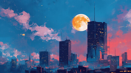 Obraz premium 夜明け前の都会と輝く星空｜ロマンチックな風景。優しい水彩画タッチの美しいアート。