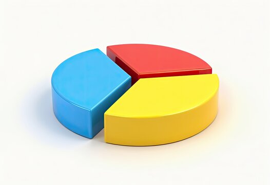 Three-dimensional pie chart divided into three sections: blue, red, and yellow.  Ideal for presentations, reports, and data visualization.