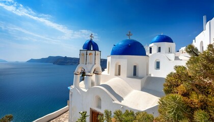 Obraz premium a picturesque view of a white church with blue domes against a bright blue sky embodying the charm of mediterranean architecture