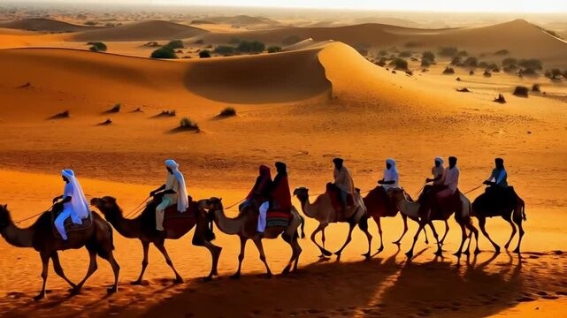 Indian cameleers (camel driver) bedouin with camel silhouettes in sand dunes of Thar desert on sunset. Caravan in Rajasthan travel tourism background safari adventure
