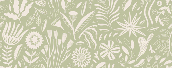 Fototapeta premium Pastel colored seamless pattern with folk flowers and plants. Naive girly psychedelic botanical motif. Vector background with cute naive meadow plants and flowers. Doodle abstract wrapping paper.